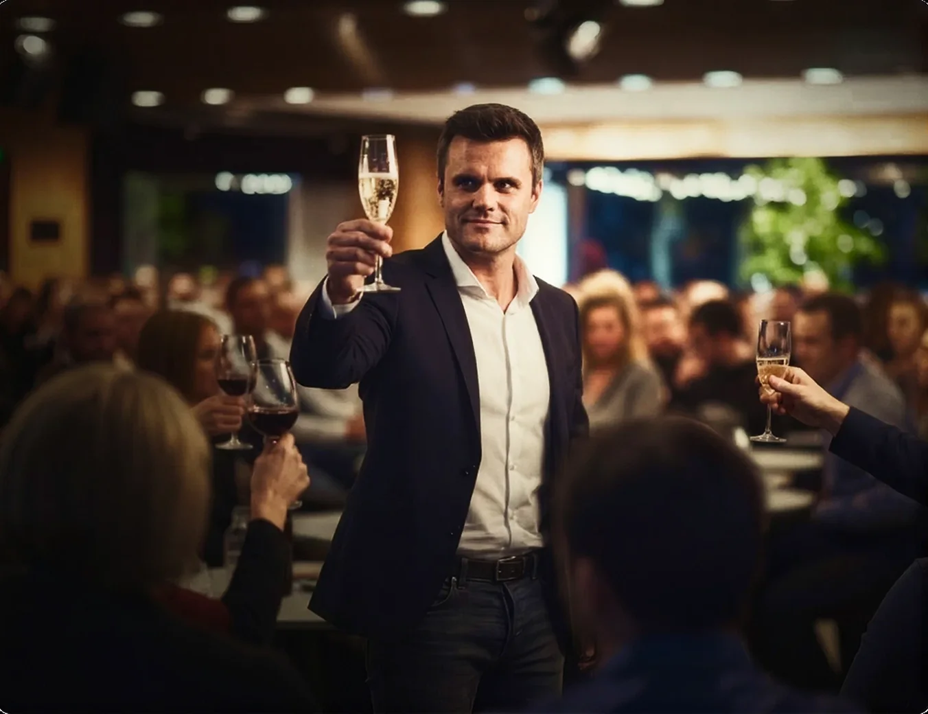 Um brinde entre convidados durante um jantar