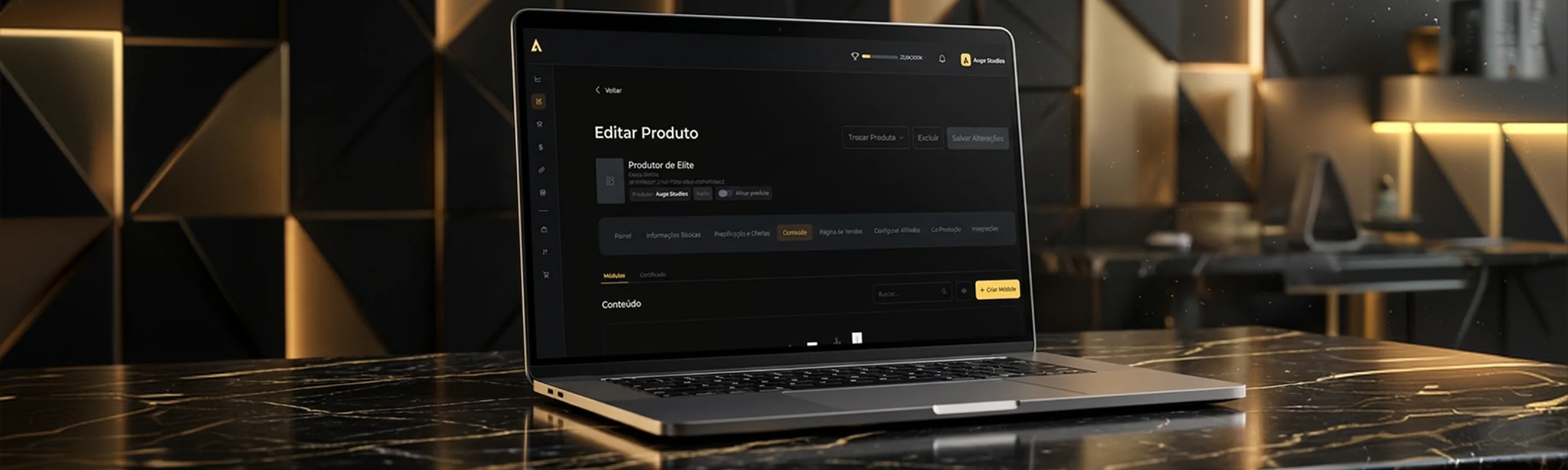 Um notebook sobre a bancada com a edição de um produto aberta