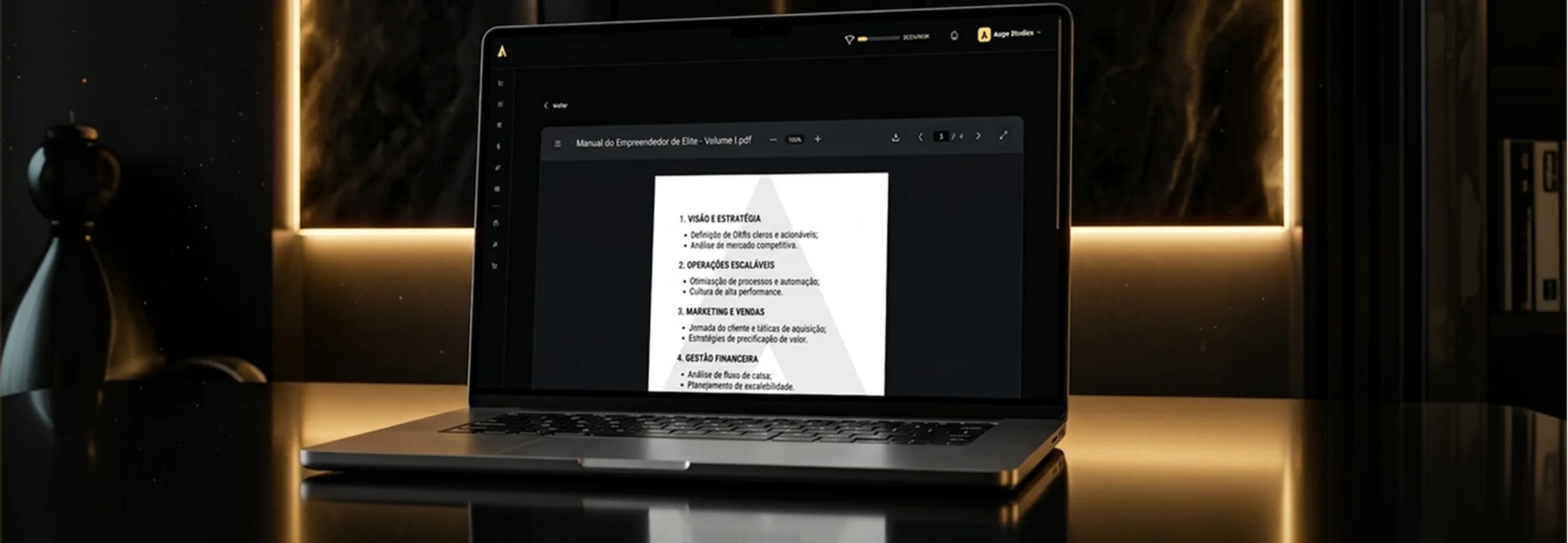 Um notebook aberto sobre a bancada, com um material digital na tela