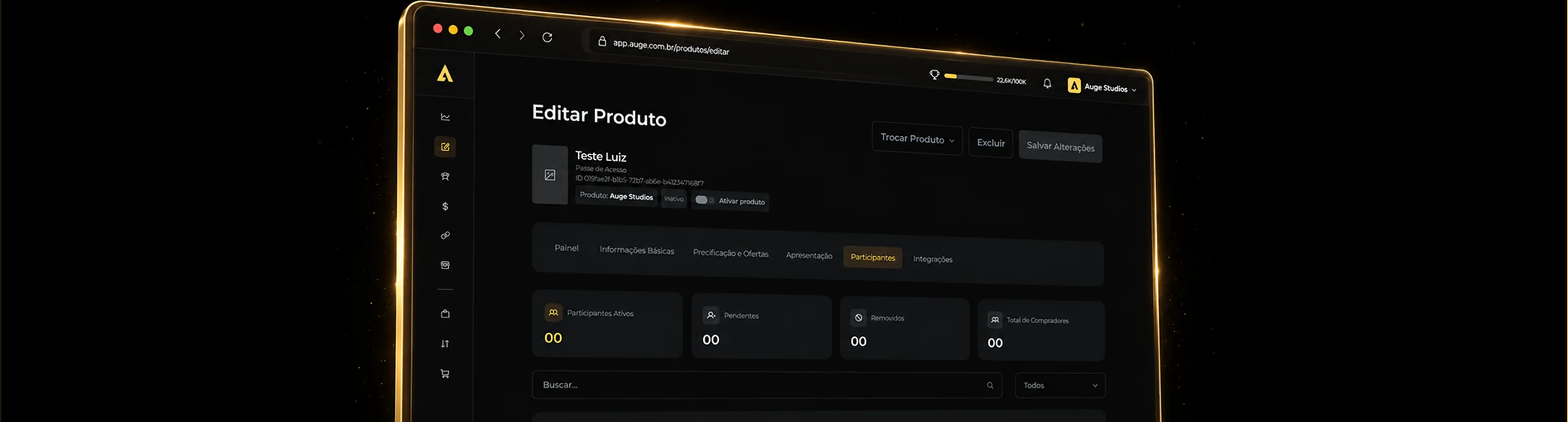 A tela de edição de produto da plataforma, vista em perspectiva
